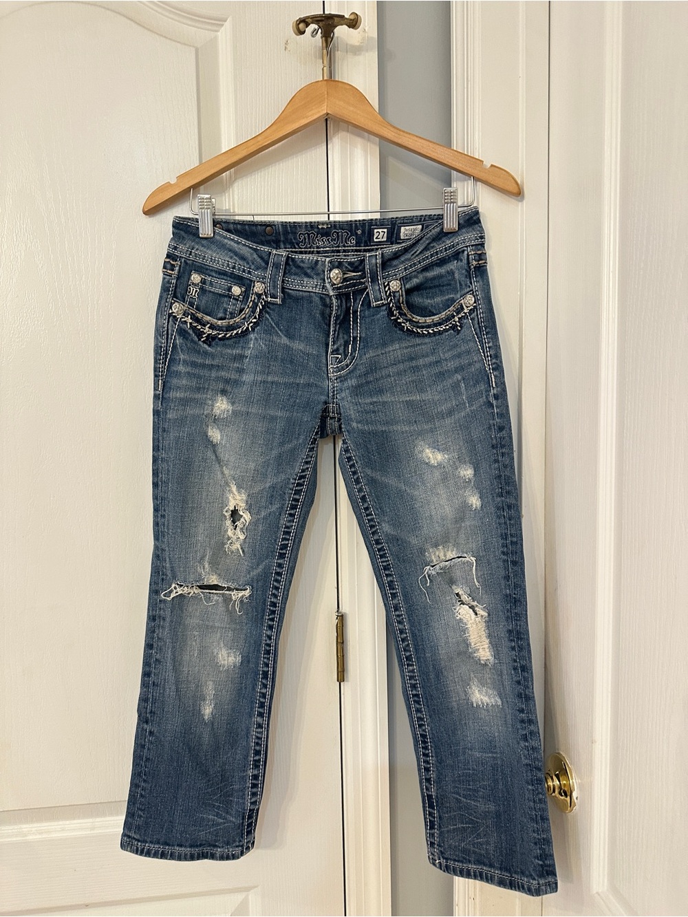 Miss Me Jeans Women's 27 Cropped Dark Blue Stretch Denim Distressed Grunge Rock